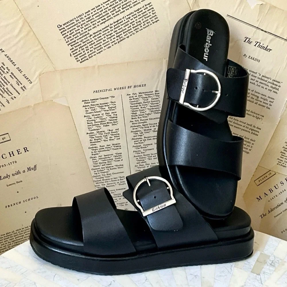 Free People Barbour Adele Sandals Black Platform Slip On Buckle Black - Picture 2 of 10
